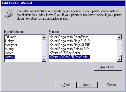 The Xerox XPrint 4920/4925 PostScript in the list